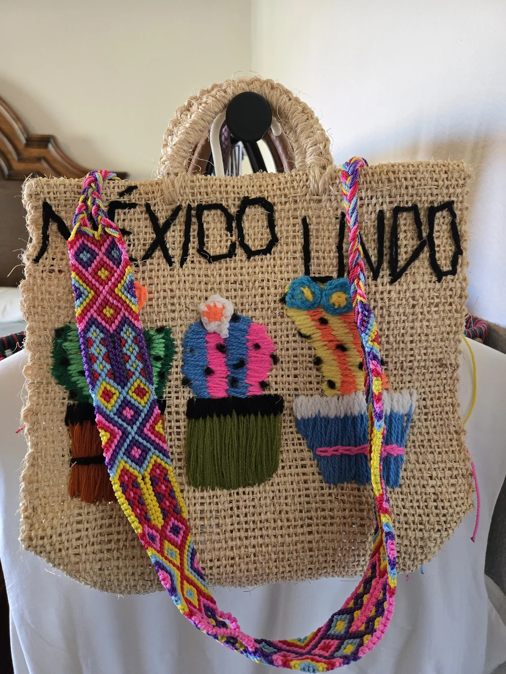 Handwoven Itxle Mexico Embroidered Cactus Tote Bag - Natural